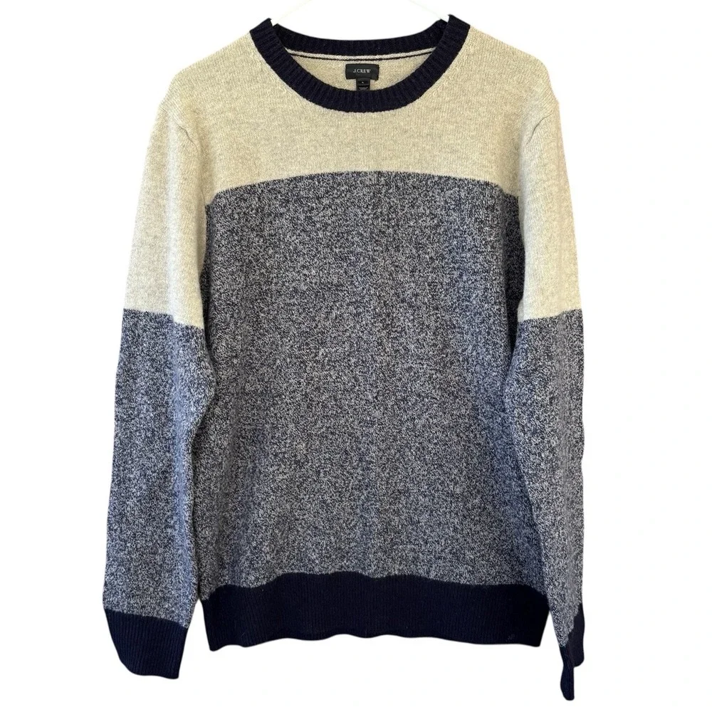 J. CREW Men's Large 100% Lambs Wool Preppy Crewneck Colorblock Pullover Sweater‎